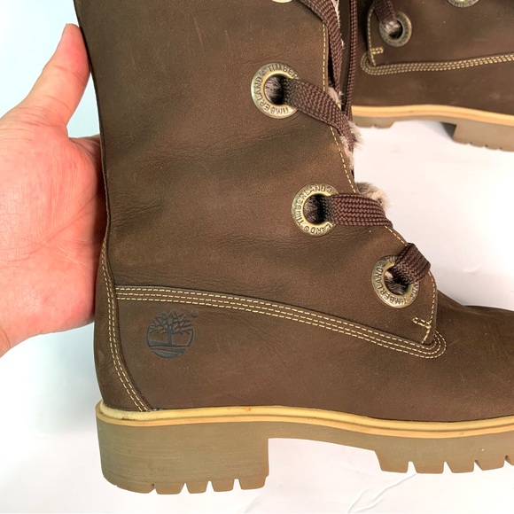 Timberland Mirney Lace Up Tall Boots w/ Faux Fur Tongue Collar Sz 7 Brown Winter - Picture 8 of 15